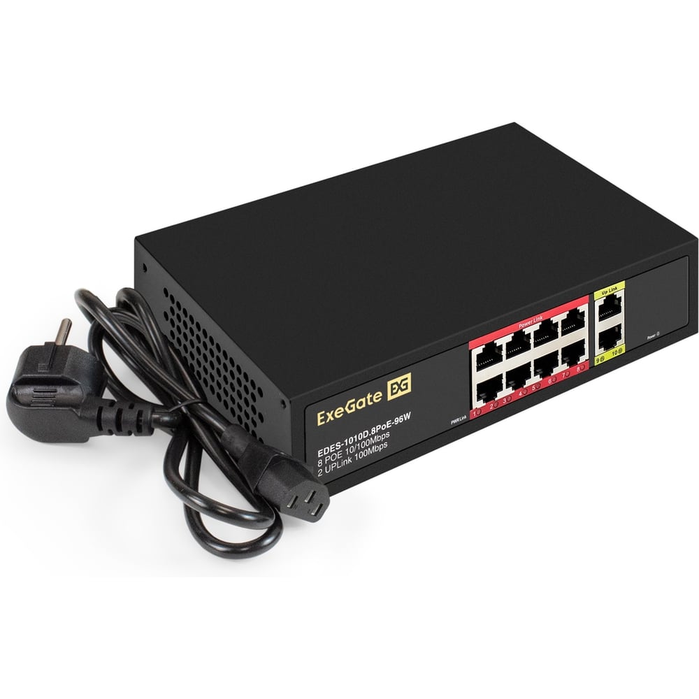Изображение товара Коммутатор неуправляемый ExeGate EDES-1010D.8PoE-96W 10-портовый UTP 10/100 Base-Tx: 8 портов IEEE 802.3af PoE, мощность PoE: 25W, суммарно 96W 299021 Изображение товара Коммутатор неуправляемый ExeGate EDES-1010D.8PoE-96W 10-портовый UTP 10/100 Base-Tx: 8 портов IEEE 802.3af PoE, мощность PoE: 25W, суммарно 96W 299021