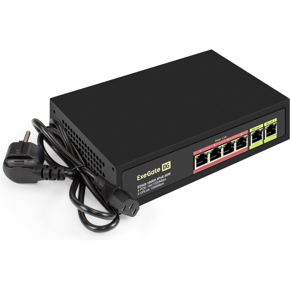 Изображение товара Коммутатор неуправляемый ExeGate EDGS-1006D.4PoE-65W 6-портовый гигабитный UTP 10/100/1000 Base-T: 4 порта IEEE 802.3af PoE 299022 Изображение товара Коммутатор неуправляемый ExeGate EDGS-1006D.4PoE-65W 6-портовый гигабитный UTP 10/100/1000 Base-T: 4 порта IEEE 802.3af PoE 299022