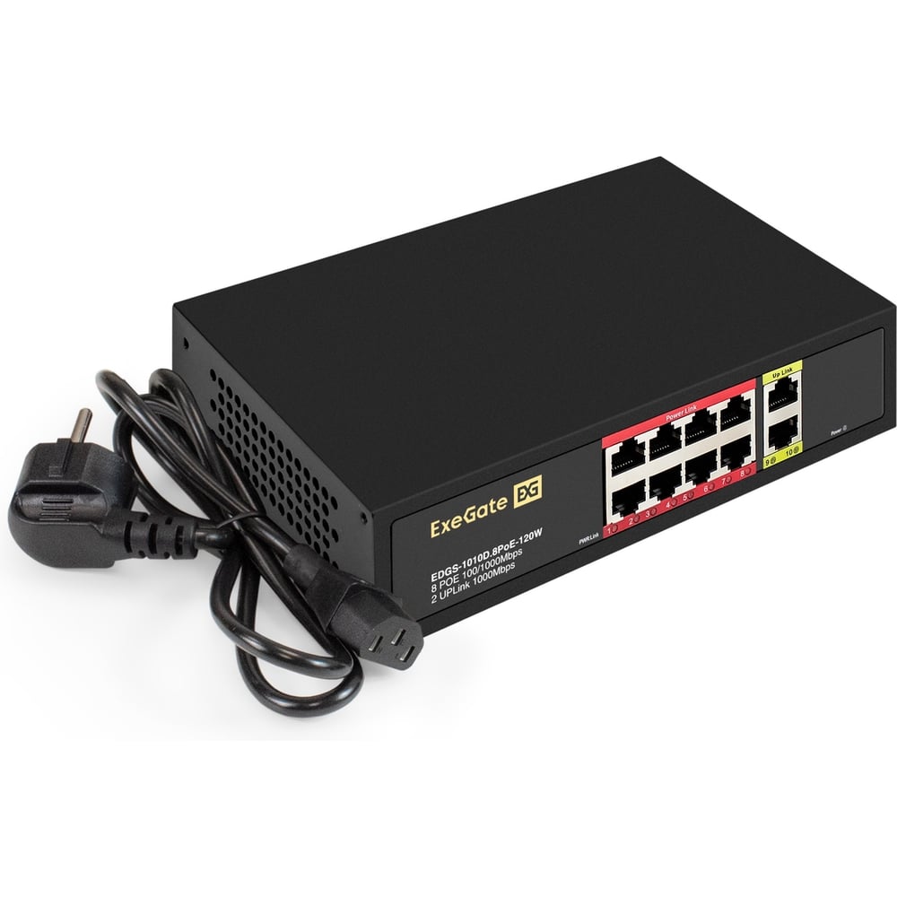 Изображение товара Коммутатор неуправляемый ExeGate EDGS-1010D.8PoE-120W 10-портовый гигабитный UTP 10/100/1000 Base-T: 8 портов IEEE 802.3af PoE 299023 Изображение товара Коммутатор неуправляемый ExeGate EDGS-1010D.8PoE-120W 10-портовый гигабитный UTP 10/100/1000 Base-T: 8 портов IEEE 802.3af PoE 299023