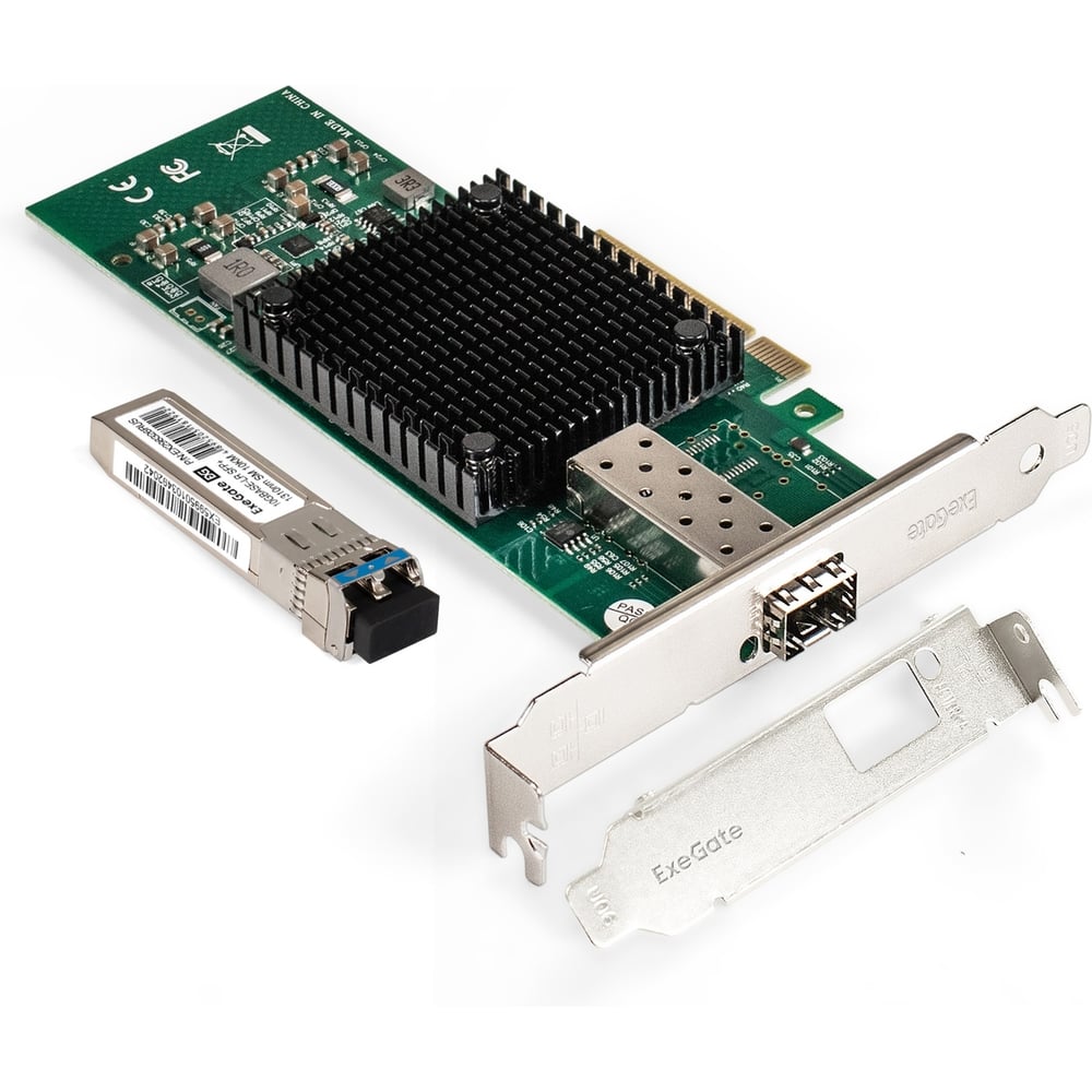 Изображение товара Комплект ExeGate: Сетевой адаптер SFP+ EXE-X520-DA1 + Трансивер Single-Mode до 10км EXT-10G-SM1310-LC2-10KM EX296227RUS PCI-E x8 v2.0 298940