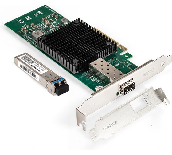 Изображение товара Комплект ExeGate: Сетевой адаптер SFP+ EXE-X520-DA1 + Трансивер Single-Mode до 10км EXT-10G-SM1310-LC2-10KM EX296227RUS PCI-E x8 v2.0 298940
