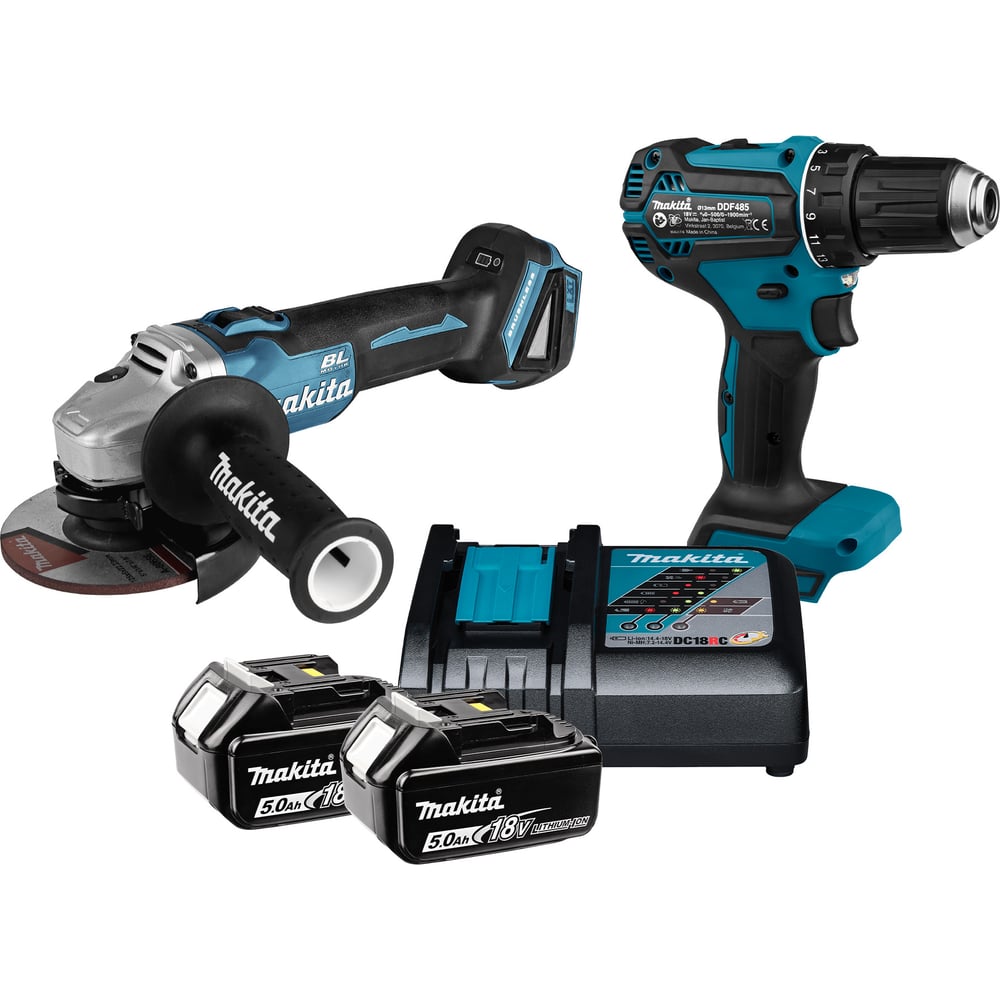 Изображение товара Набор аккумуляторного инструмента Makita (УШМ DGA504, Дрель-шуруповерт DDF485, ЗУ, 2х5ач АКБ, кейс) KIT032