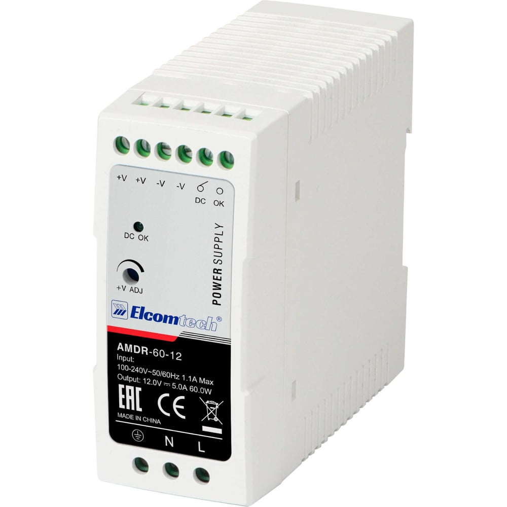 Изображение товара Блок питания ELCOMTECH AMDR 60 Вт 12 В IP20 для DIN-рейки Изображение товара Блок питания ELCOMTECH AMDR 60 Вт 12 В IP20 для DIN-рейки