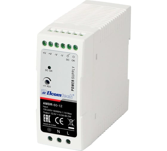 Изображение товара Блок питания ELCOMTECH A MDR-60-12 AC/DC на DIN рейку 60W 12V 5A пластик УТ-00039979