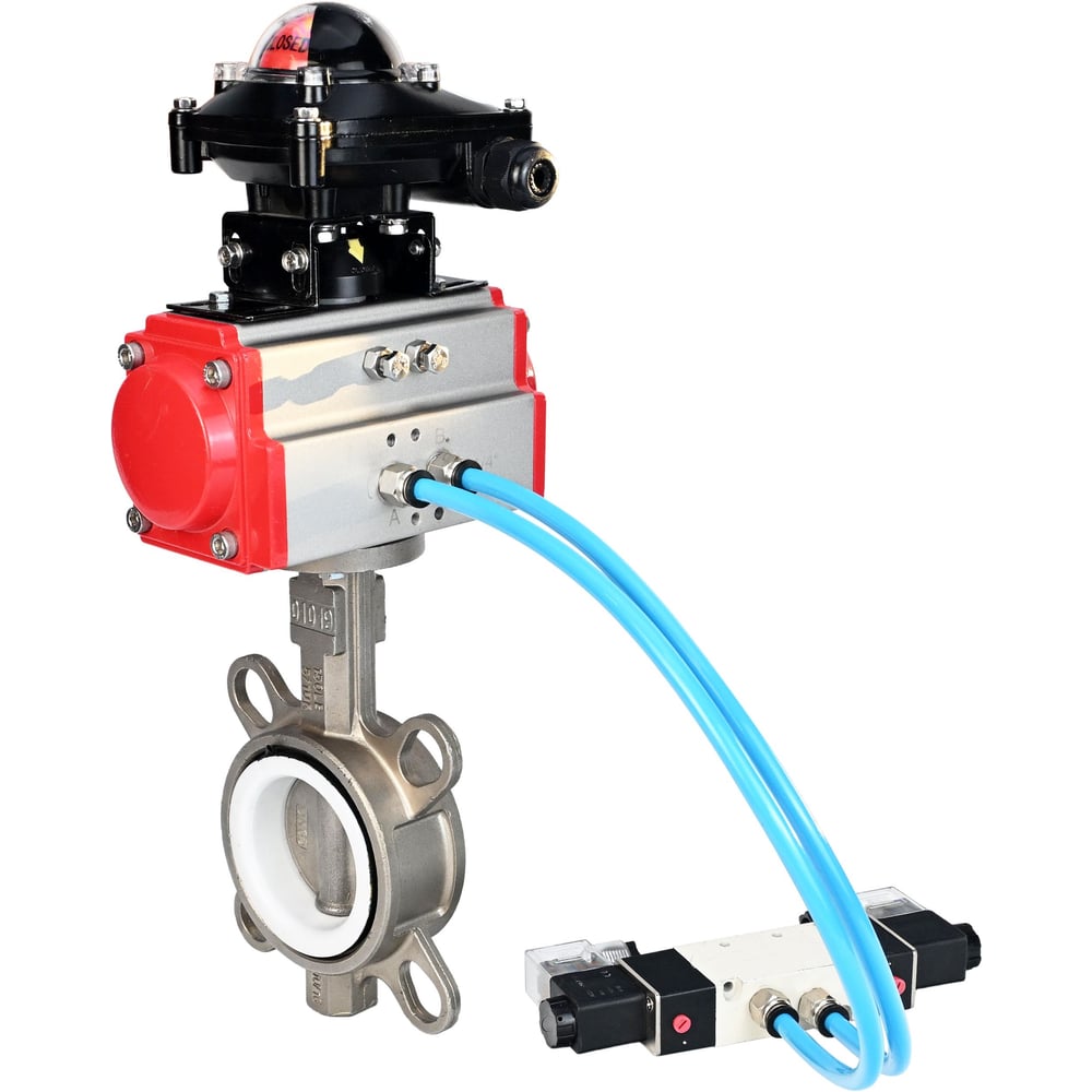 Затвор DN.ru 316L-316L-PTFE Ду125 Ру16, с пневмоприводом DA-105, пневмораспределитель PND1-T08-220VAC NAMUR, БКВ LSB-210 D050-116374