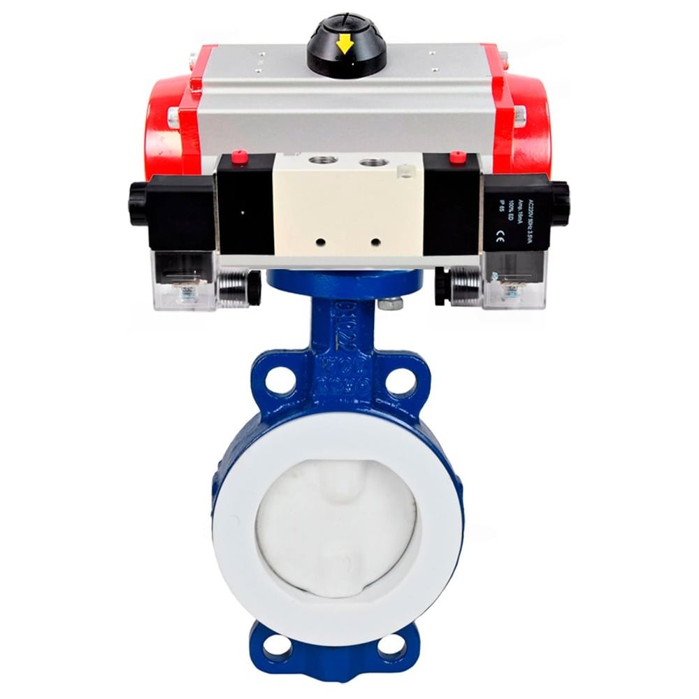 Затвор дисковый DN.ru WCB-WCB-PTFE-PTFE-Fb-H Ду100 Ру16 угл., с пневмоприводом SA-130, пневмораспределитель PND1-S2EM-52-2-T10-220VAC D050-92040