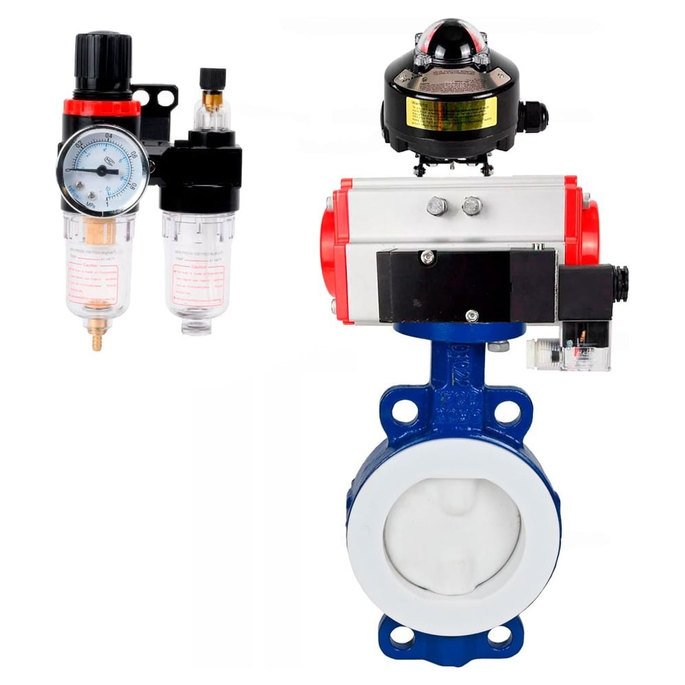Затвор дисковый DN.ru WCB-WCB-PTFE-PTFE-Fb-H Ду100 Ру16 угл. с пневмоприводом SA-130, пневмораспределитель PND2-S1EM-52-1NC-J08-24VDC, БКВ LSB-510-02ExM12-250, БПВ APU1-10-40-V08 D050-92020