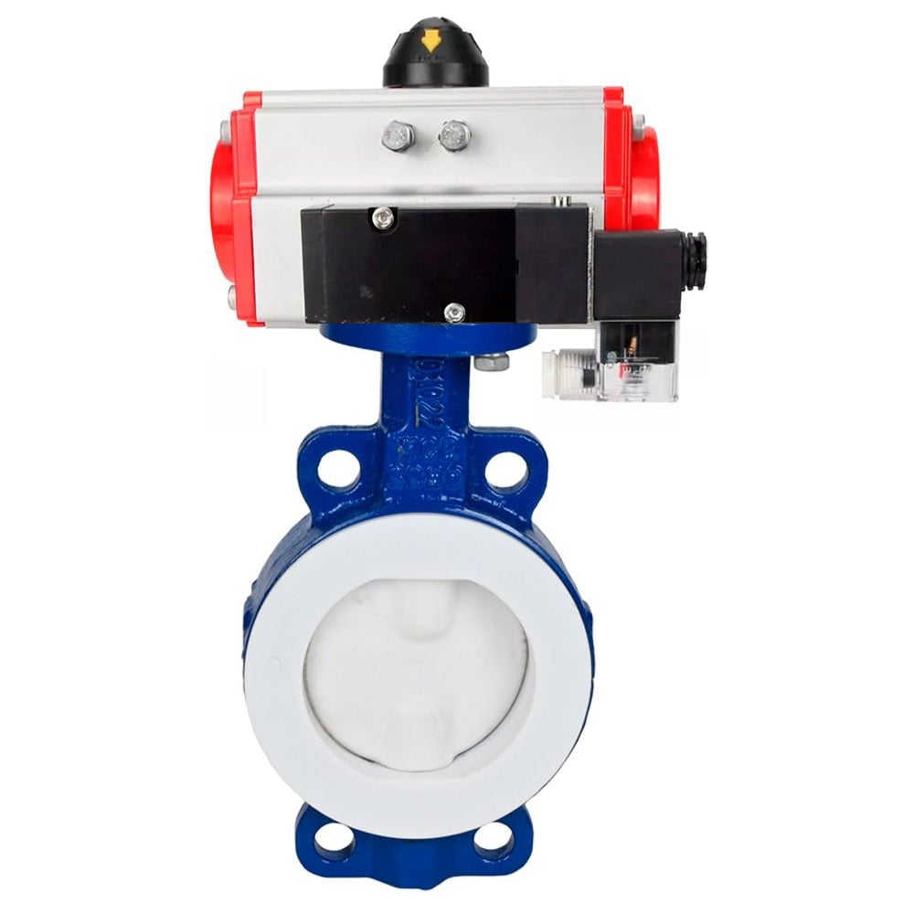 Затвор дисковый DN.ru WCB-WCB-PTFE-PTFE-Fb-H Ду100 Ру16 угл., с пневмоприводом SA-130, пневмораспределитель PND2-S1EM-52-1NC-J08-24VDC D050-92008