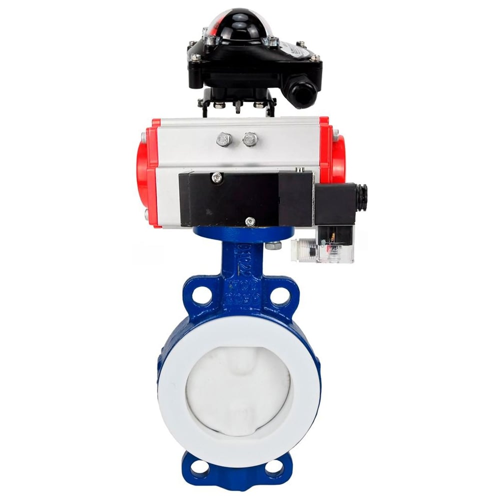 Затвор дисковый DN.ru WCB-WCB-PTFE-PTFE-Fb-H Ду100 Ру16 угл., с пневмоприводом SA-130, пневмораспределитель PND2-S1EM-52-1NC-J08-24VDC, БКВ LSB-210-02NM12-220/24 D050-92010