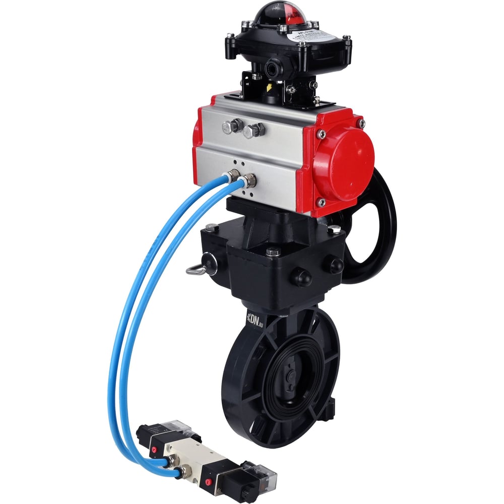 Затвор дисковый межфланцевый DN.ru НПВХ-НПВХ-E-2W-Fb-ISO Дн150 Ру10 пневмопривод DA-083, пневмораспределитель PND1-S2EM-52-2-T08-220VAC, HDM-2, БКВ LSB-210-02NM12-220/24 D050-91315