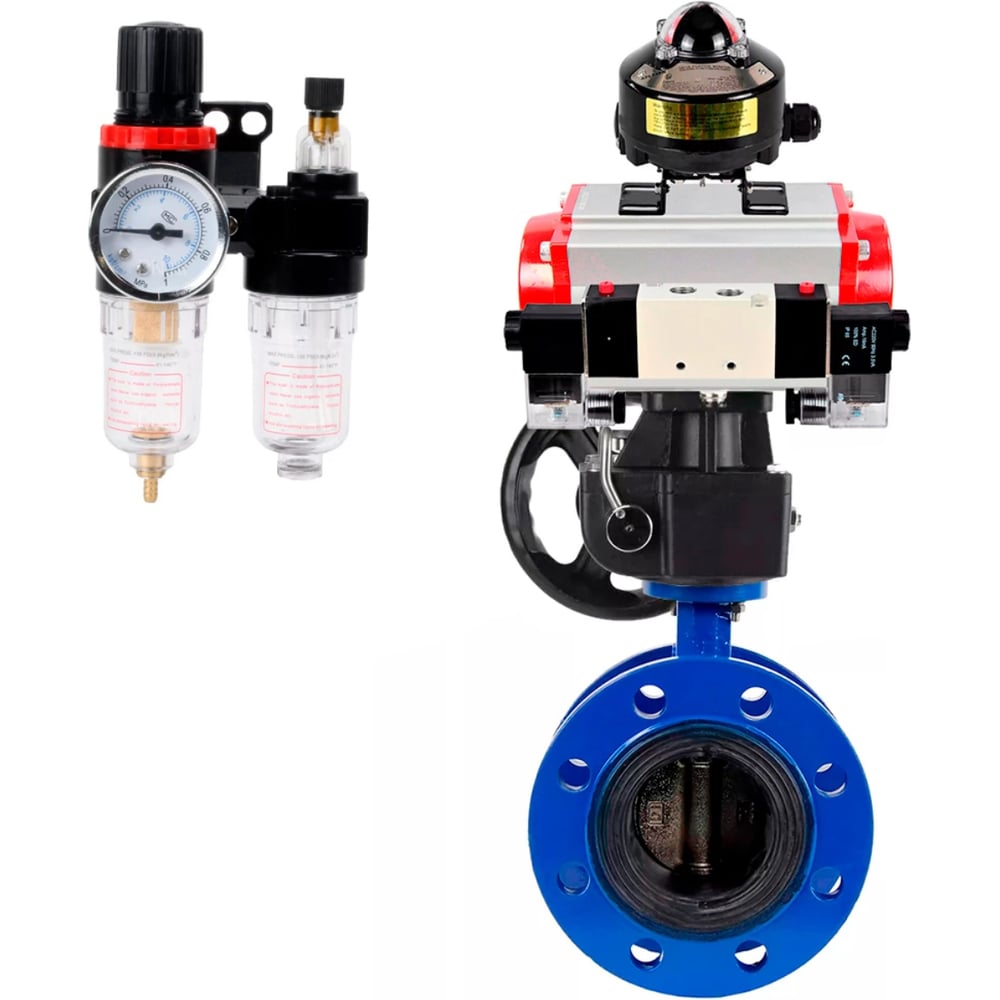 Затвор DN.ru GGG40-304-EPDM-2W-F-H Ду100 Ру16, с пневмоприводом DA-105, пневмораспределитель PND1-T10-220VAC NAMUR, ручной дублер HDM-3, БКВ LSB-510, БПВ D050-107181