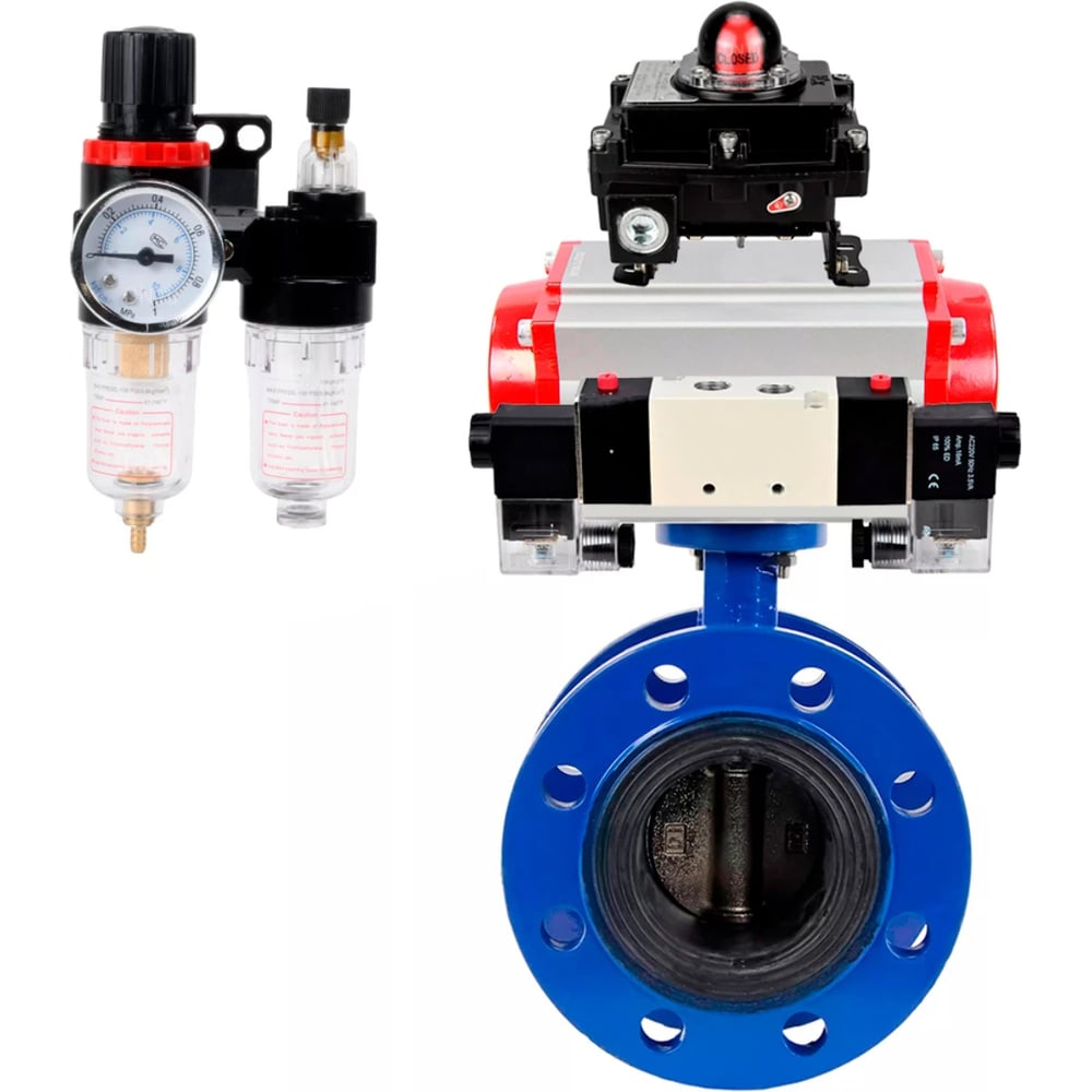 Затвор DN.ru GGG40-304-EPDM-2W-F-H Ду125 Ру16, с пневмоприводом DA-130, пневмораспределитель PND1-T08-220VAC NAMUR, БКВ LSB-410, БПВ D050-107028