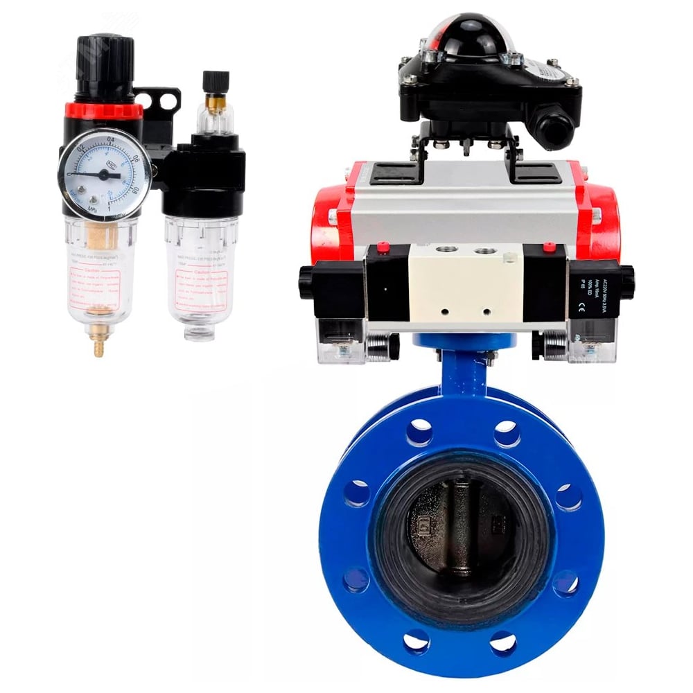 Затвор DN.ru GGG40-304-EPDM-2W-F-H Ду125 Ру16, с пневмоприводом DA-130, пневмораспределитель PND1-T08-220VAC NAMUR, БКВ LSB-210, БПВ D050-107000