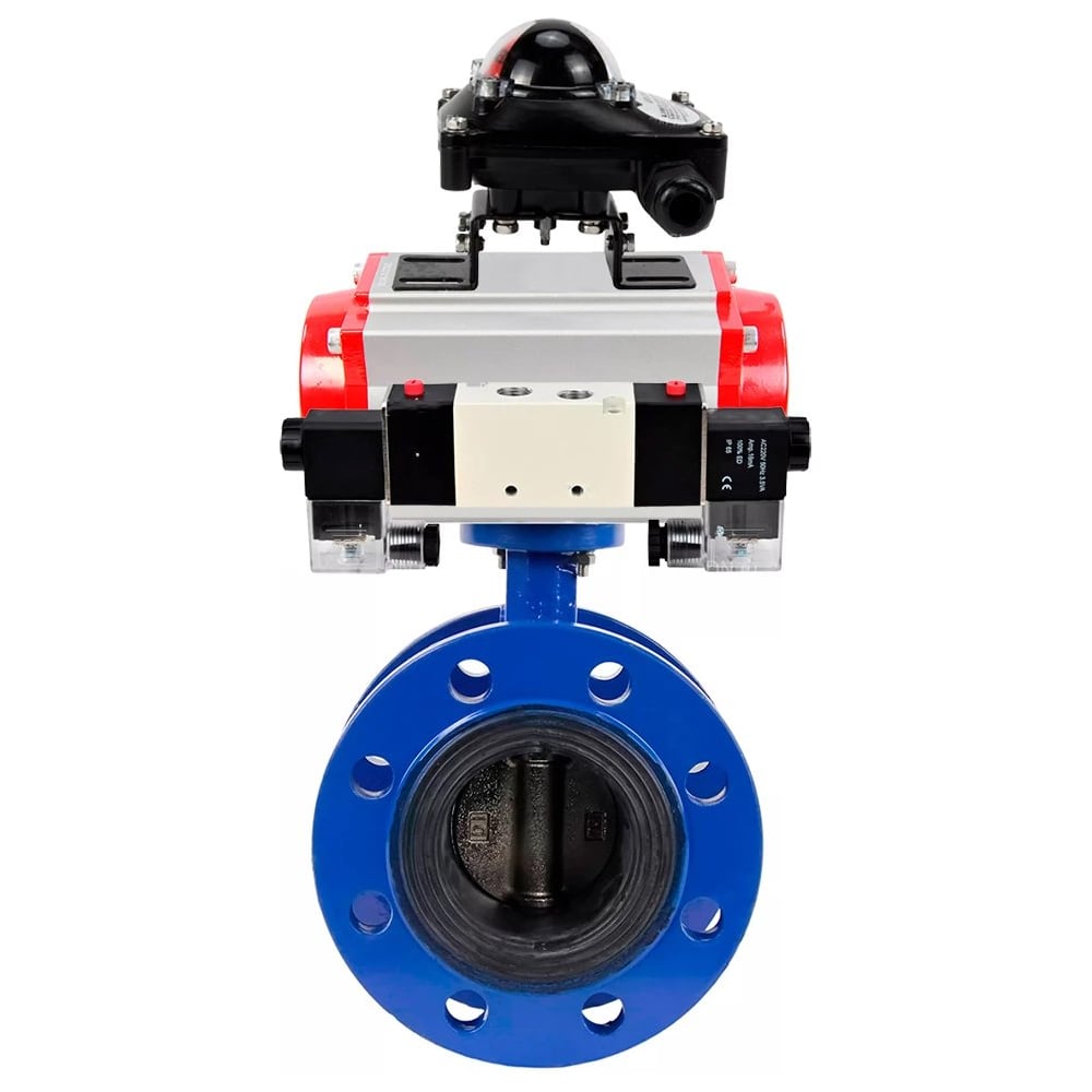 Затвор DN.ru GGG40-304-EPDM-2W-F-H Ду125 Ру16, с пневмоприводом DA-130, пневмораспределитель PND1-T08-220VAC NAMUR, БКВ LSB-210 D050-106993
