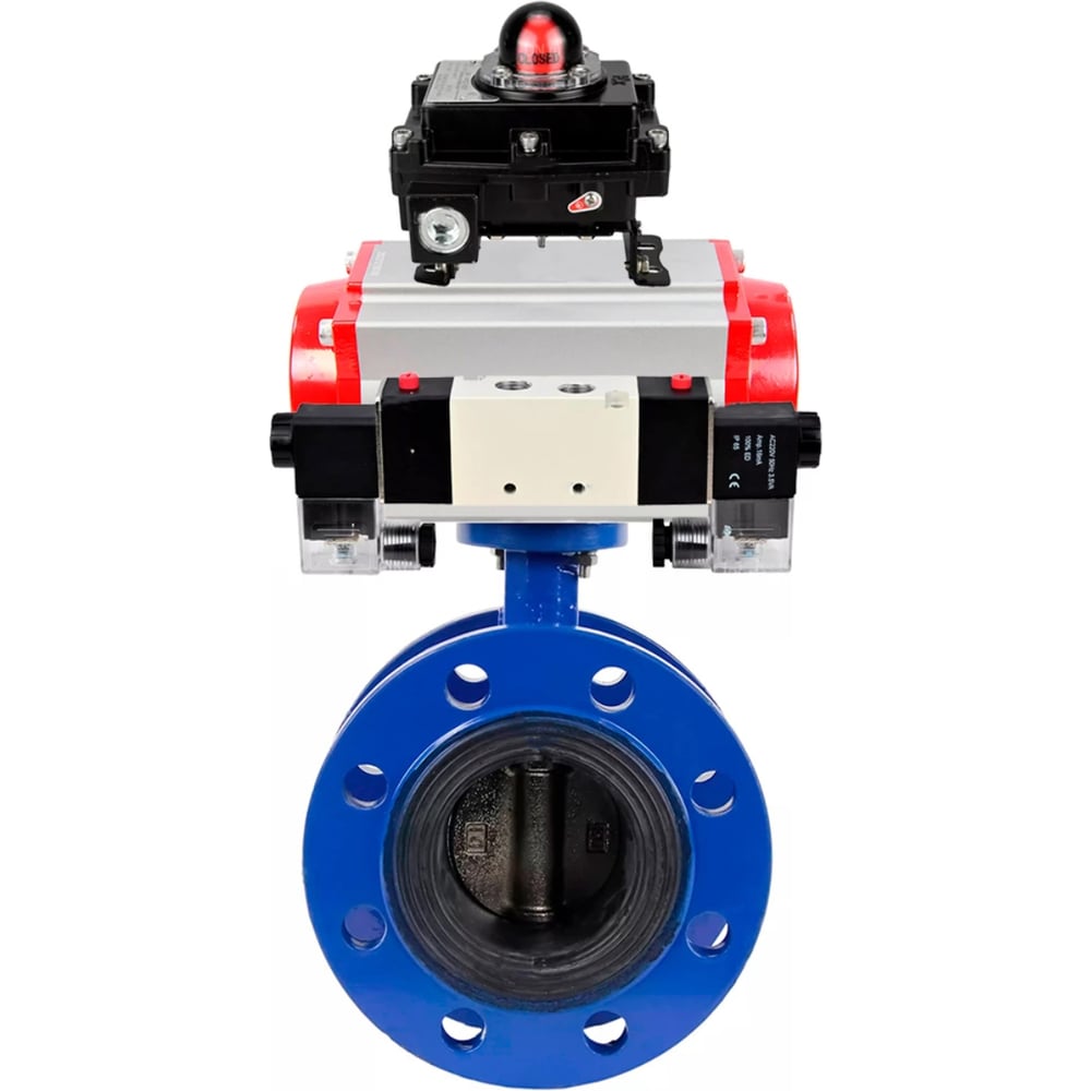 Затвор DN.ru GGG40-304-EPDM-2W-F-H Ду125 Ру16, с пневмоприводом DA-130, пневмораспределитель PND1-T08-220VAC NAMUR, БКВ LSB-410 D050-107021