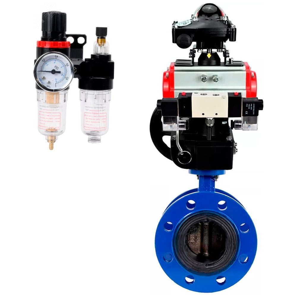 Затвор DN.ru GGG40-304-EPDM-2W-F-H Ду50 Ру16, с пневмоприводом DA-105, пневмораспределитель PND1-T10-220VAC NAMUR, ручной дублер HDM-3, БКВ LSB-210, БПВ D050-107122