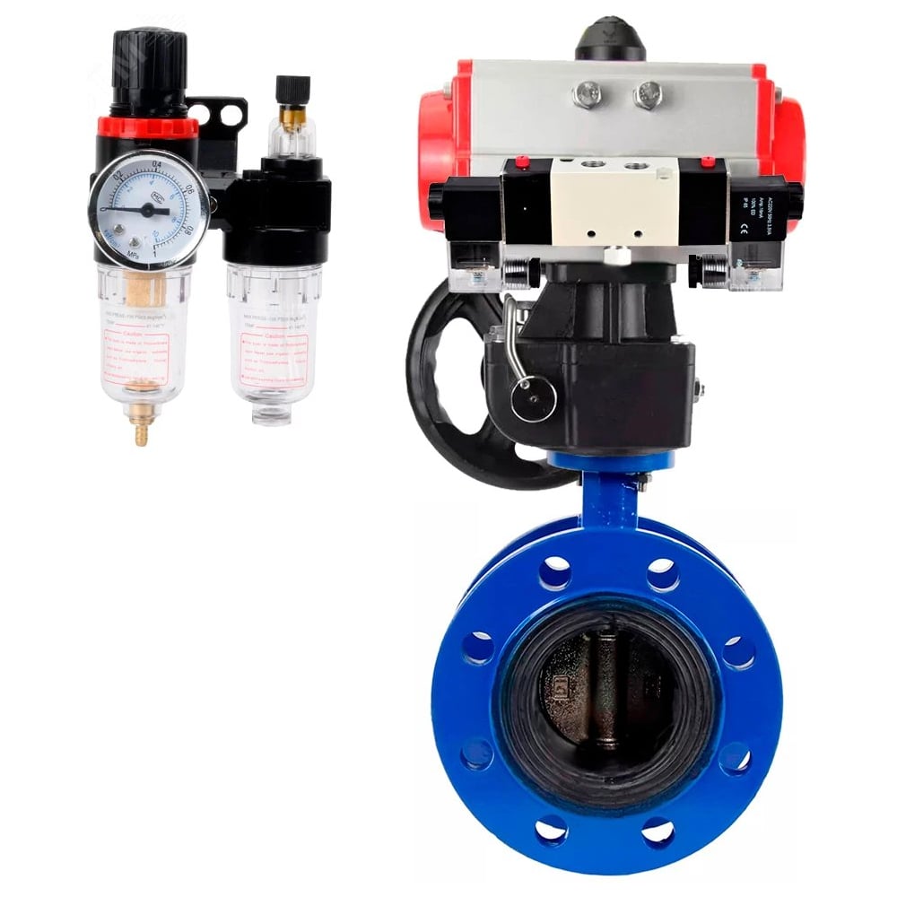 Затвор DN.ru GGG40-304-EPDM-2W-F-H Ду50 Ру16, с пневмоприводом DA-105, пневмораспределитель PND1-T08-220VAC NAMUR, ручной дублер HDM-3, БПВ D050-107080