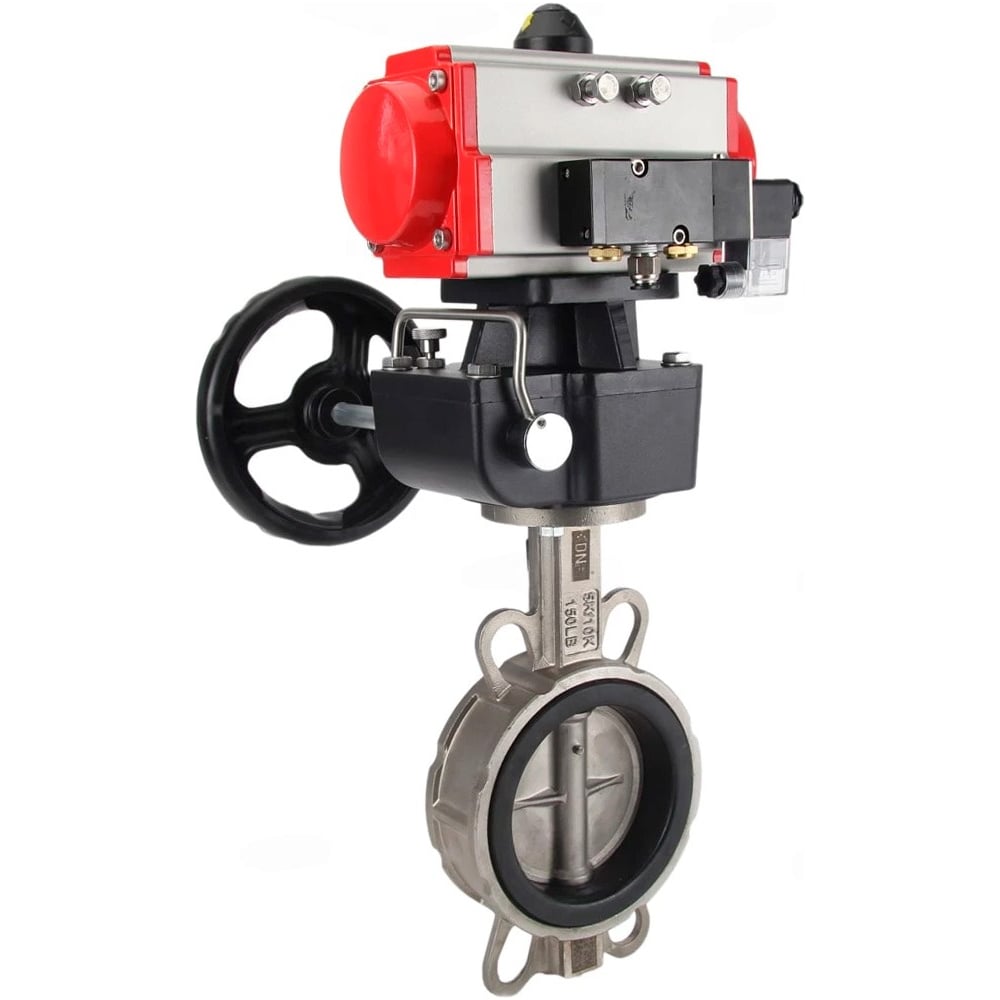 Затвор дисковый DN.ru 316L-316L-VITON Ду300 Ру16, с пневмоприводом DA-140, пневмораспределительред PND2-S1EM-52-1NC-J08-220VAC, ручной дублер HDM-4 D050-93638