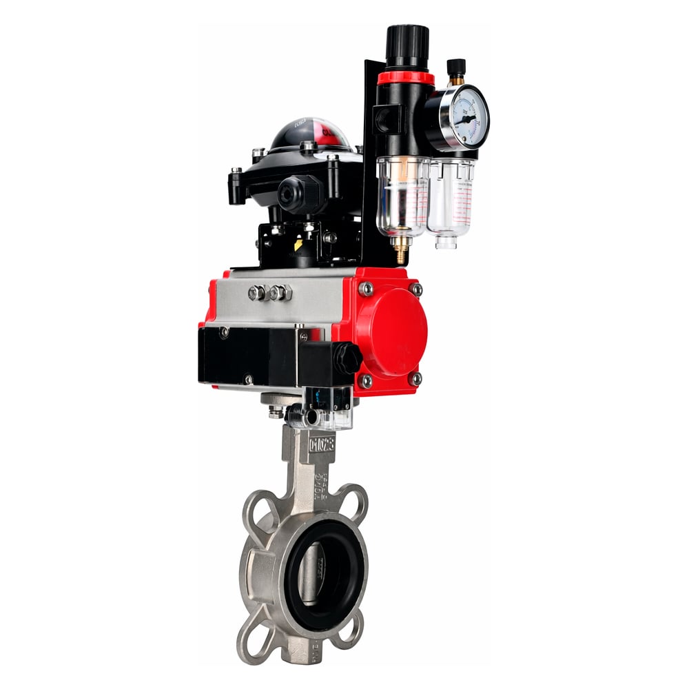 Затвор дисковый DN.ru 316L-316L-VITON Ду100 Ру16, с пневмоприводом DA-083, пневмораспределитель PND2-S1EM-52-1NC-J08-24VDC, БКВ LSB-210-02NM12-220/24, БПВ APU1-10-40-V08 D050-93496