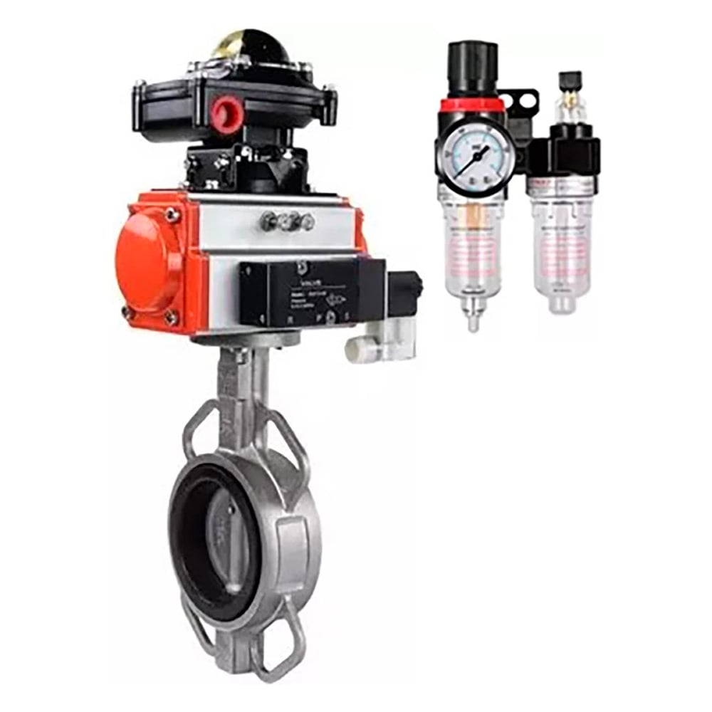 Затвор дисковый DN.ru 316L-316L-VITON Ду100 Ру16, с пневмоприводом SA-130, пневмораспределитель PND1-S2EM-52-2-T10-220VAC, БКВ LSB-510-02ExM12-250, БПВ APU1-10-40-V08 D050-93663