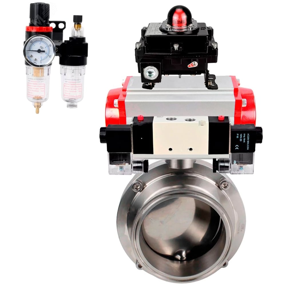 Затвор DN.ru 304-304-EPDM-2W-C-H Ду65 Ру10, с пневмоприводом SA-083, пневмораспределитель, PND1-T08-220VAC NAMUR, БКВ LSB-410, БПВ D050-110288