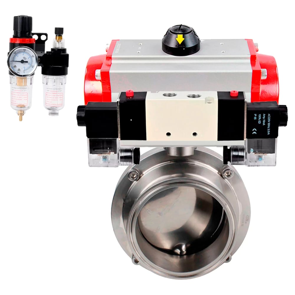 Затвор DN.ru 304-304-EPDM-2W-C-H Ду50 Ру10, с пневмоприводом DA-065, пневмораспределитель, PND1-T08-220VAC NAMUR, БПВ D050-109950