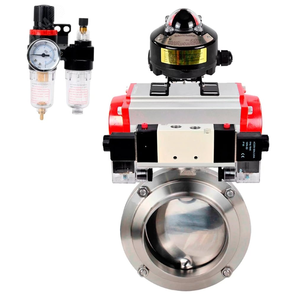 Затвор DN.ru 304-304-EPDM-2W-W-H Ду80 Ру10, с пневмоприводом SA-083, пневмораспределитель, PND1-T10-220VAC NAMUR, БКВ LSB-510, БПВ D050-111772