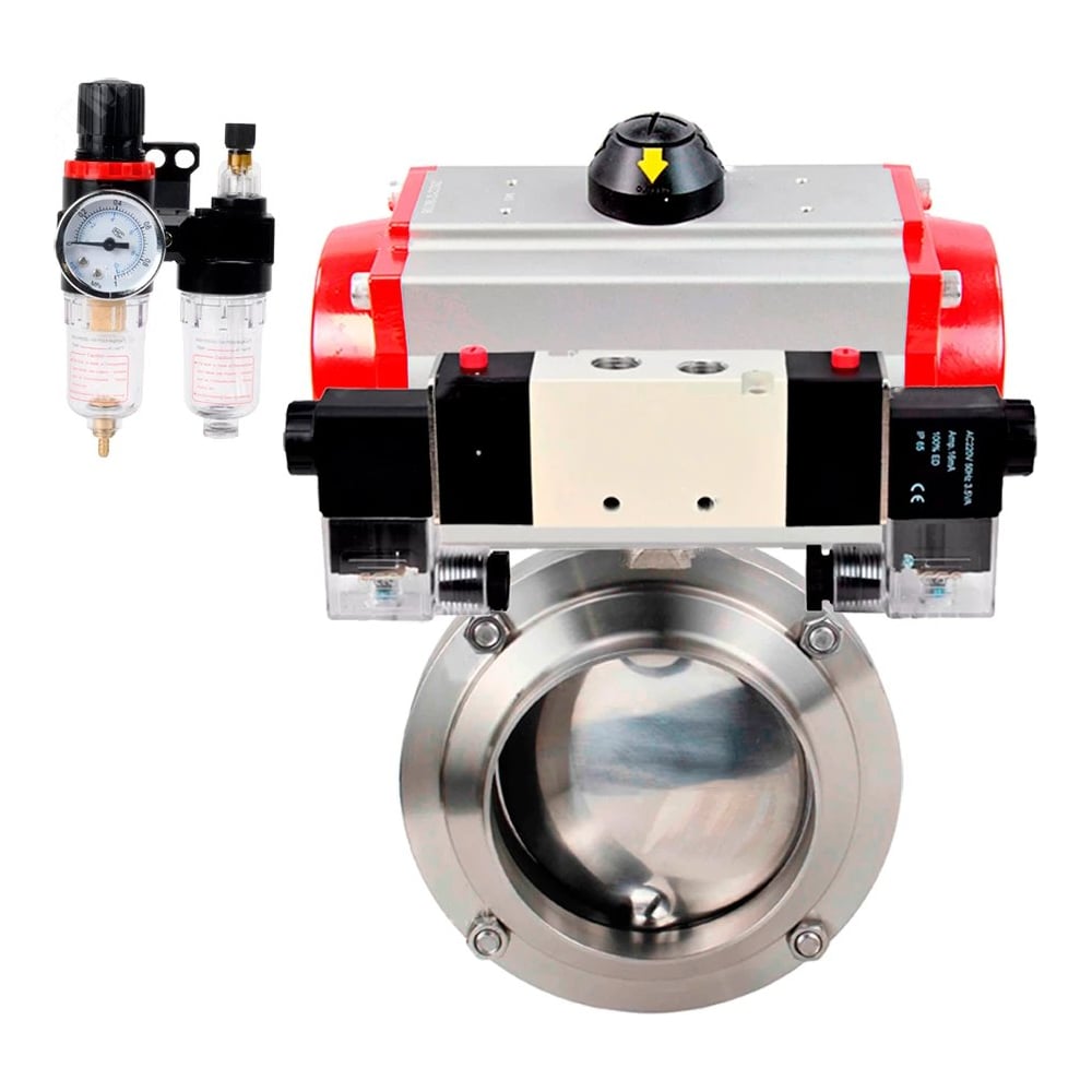 Затвор DN.ru 304-304-EPDM-2W-W-H Ду80 Ру10, с пневмоприводом DA-065, пневмораспределитель, PND1-T08-220VAC NAMUR, БПВ D050-111338