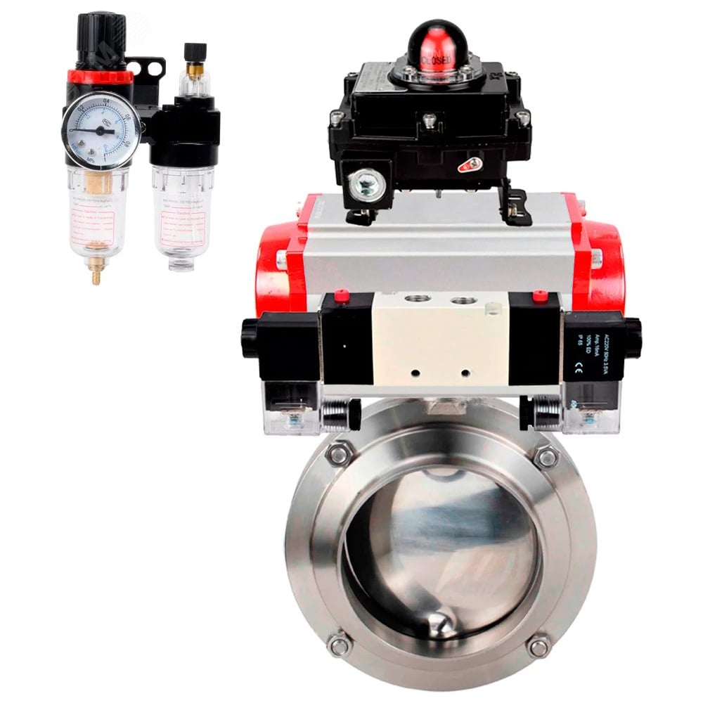 Затвор DN.ru 304-304-EPDM-2W-W-H Ду80 Ру10, с пневмоприводом SA-083, пневмораспределитель, PND1-T10-220VAC NAMUR, БКВ LSB-410, БПВ D050-111754
