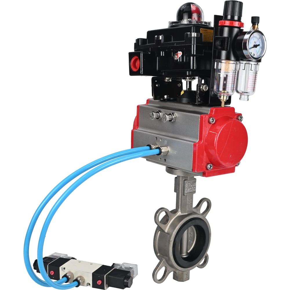 Затвор DN.ru 304-304-EPDM-2W-Fb-H Ду100 Ру16, с пневмоприводом DA-083, пневмораспределитель, PND1-T10-220VAC NAMUR, БКВ LSB-410, БПВ D050-111081