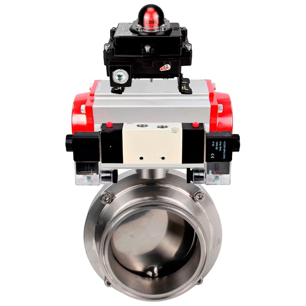 Затвор DN.ru 304-304-EPDM-2W-C-H Ду25 Ру10, с пневмоприводом DA-052, пневмораспределитель, PND1-T08-220VAC NAMUR, БКВ LSB-410 D050-110008