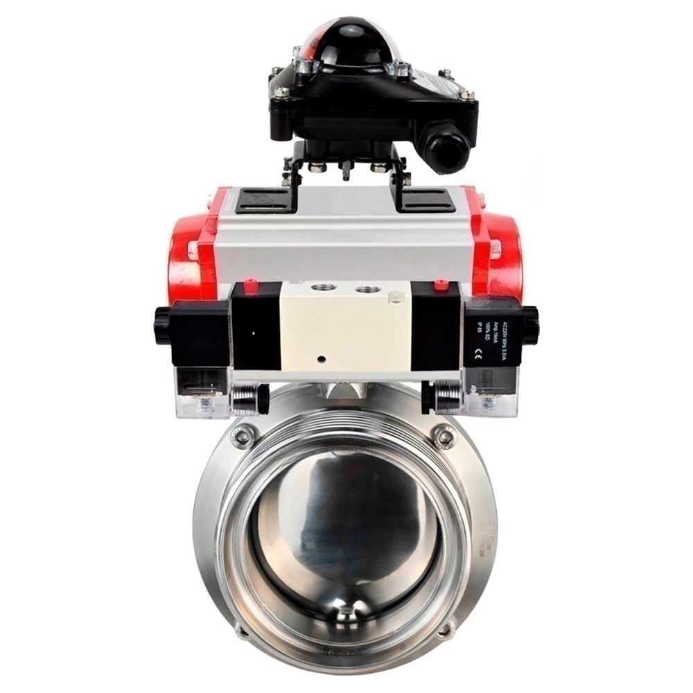 Затвор DN.ru 304-304-EPDM-2W-T-H Ду40 Ру10, с пневмоприводом DA-052, пневмораспределитель, PND1-T10-220VAC NAMUR, БКВ LSB-210 D050-110615