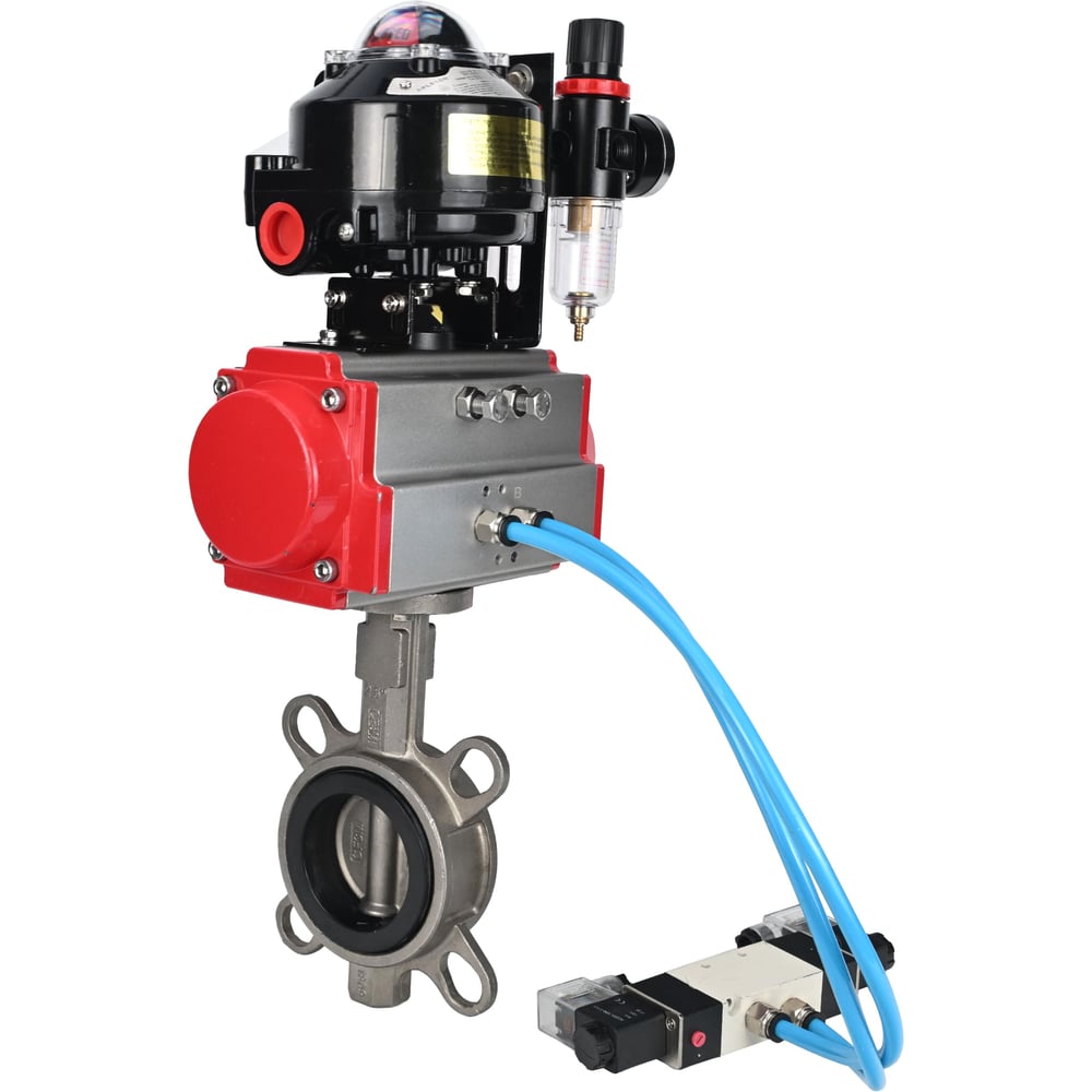 Затвор DN.ru 304-304-EPDM-2W-Fb-H Ду100 Ру16, с пневмоприводом DA-083, пневмораспределитель, PND1-T08-220VAC NAMUR, БКВ LSB-510, БПВ D050-110985