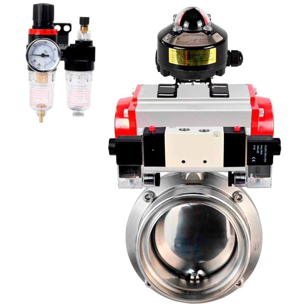 Затвор DN.ru 304-304-EPDM-2W-T-H Ду80 Ру10, с пневмоприводом SA-083, пневмораспределитель, PND1-T08-220VAC NAMUR, БКВ LSB-510, БПВ D050-110793