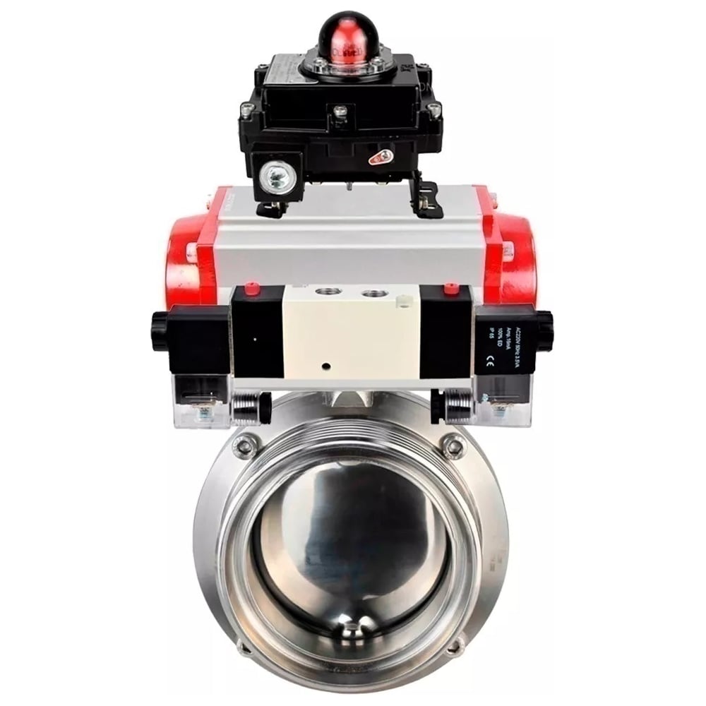 Затвор DN.ru 304-304-EPDM-2W-W-H Ду80 Ру10, с пневмоприводом DA-052, пневмораспределитель, PND1-T08-220VAC NAMUR, БКВ LSB-410 D050-111402