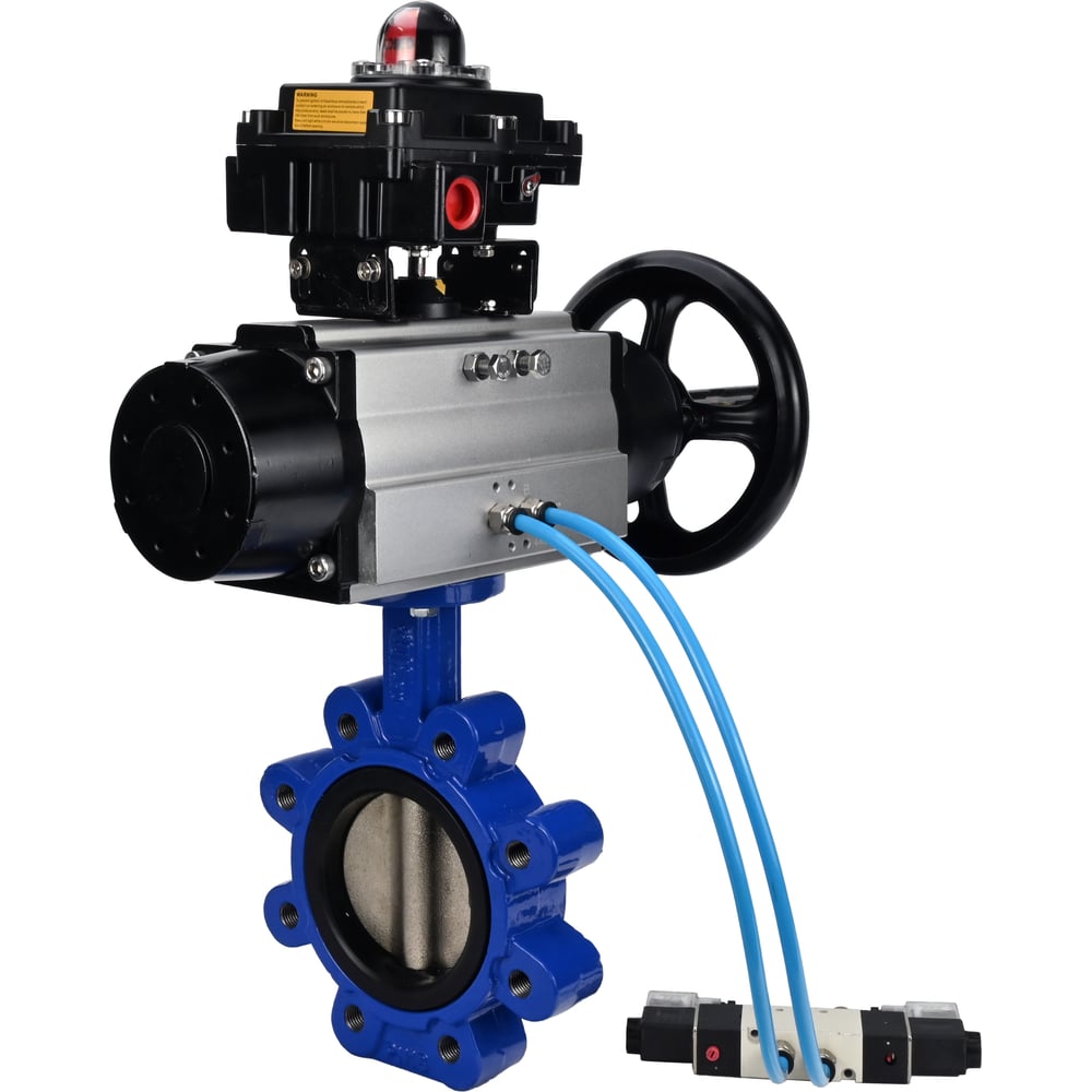 Затвор DN.ru QT450-QT450-EPDM-2W-Fb-H Ду125 Ру16 LUG, с пневмоприводом DA-105-1, пневмораспределитель PND1-T10-220VAC NAMUR, БКВ LSB-410 D050-101208