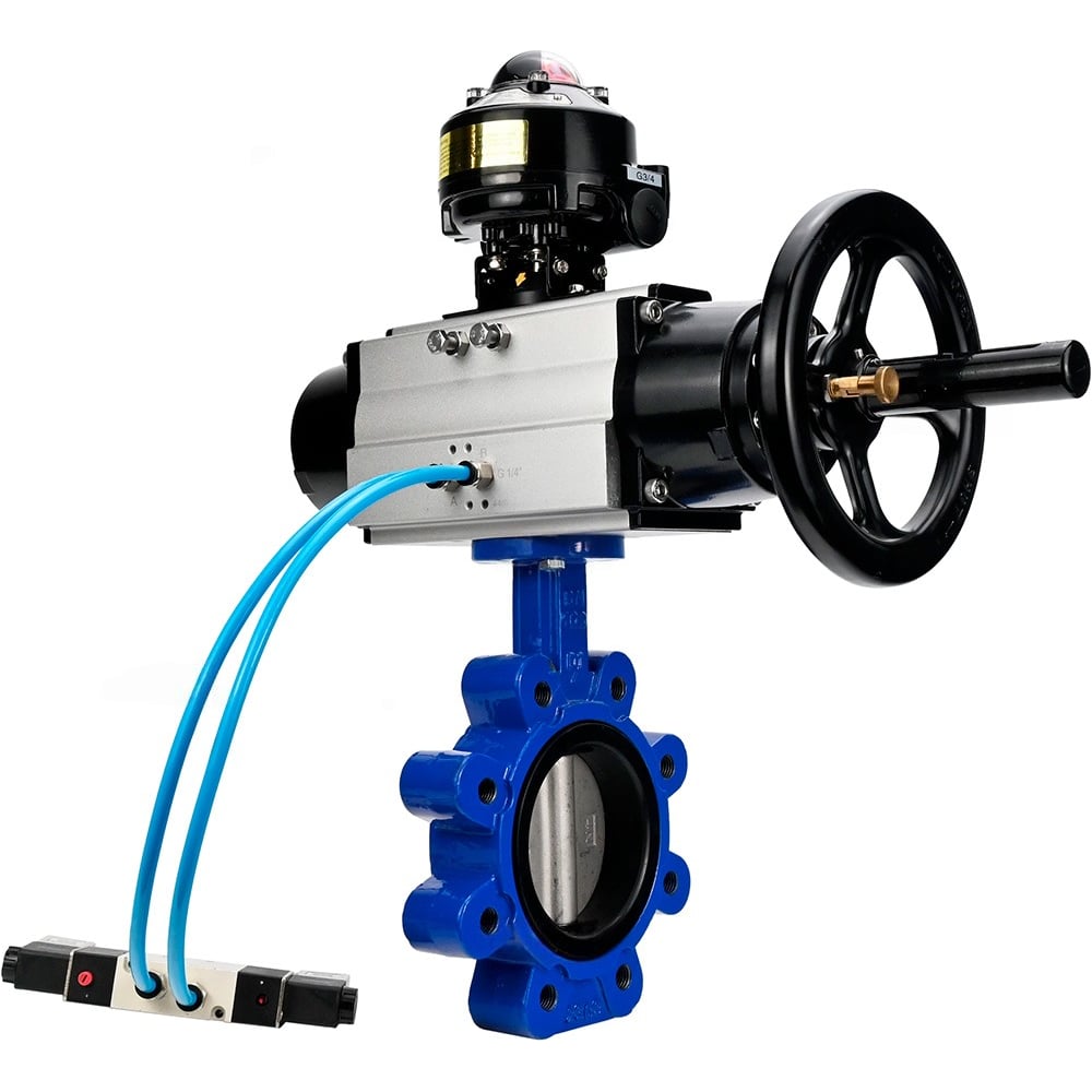 Затвор DN.ru QT450-304-NBR-2W-Fb-H Ду150 Ру16 LUG, с пневмоприводом DA-105-1, пневмораспределитель PND1-T10-220VAC NAMUR, БКВ LSB-510 D050-102227