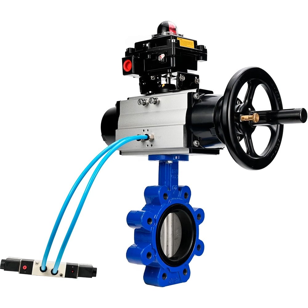 Затвор DN.ru QT450-304-NBR-2W-Fb-H Ду125 Ру16 LUG, с пневмоприводом DA-105-1, пневмораспределитель PND1-T08-220VAC NAMUR, БКВ LSB-410 D050-102206