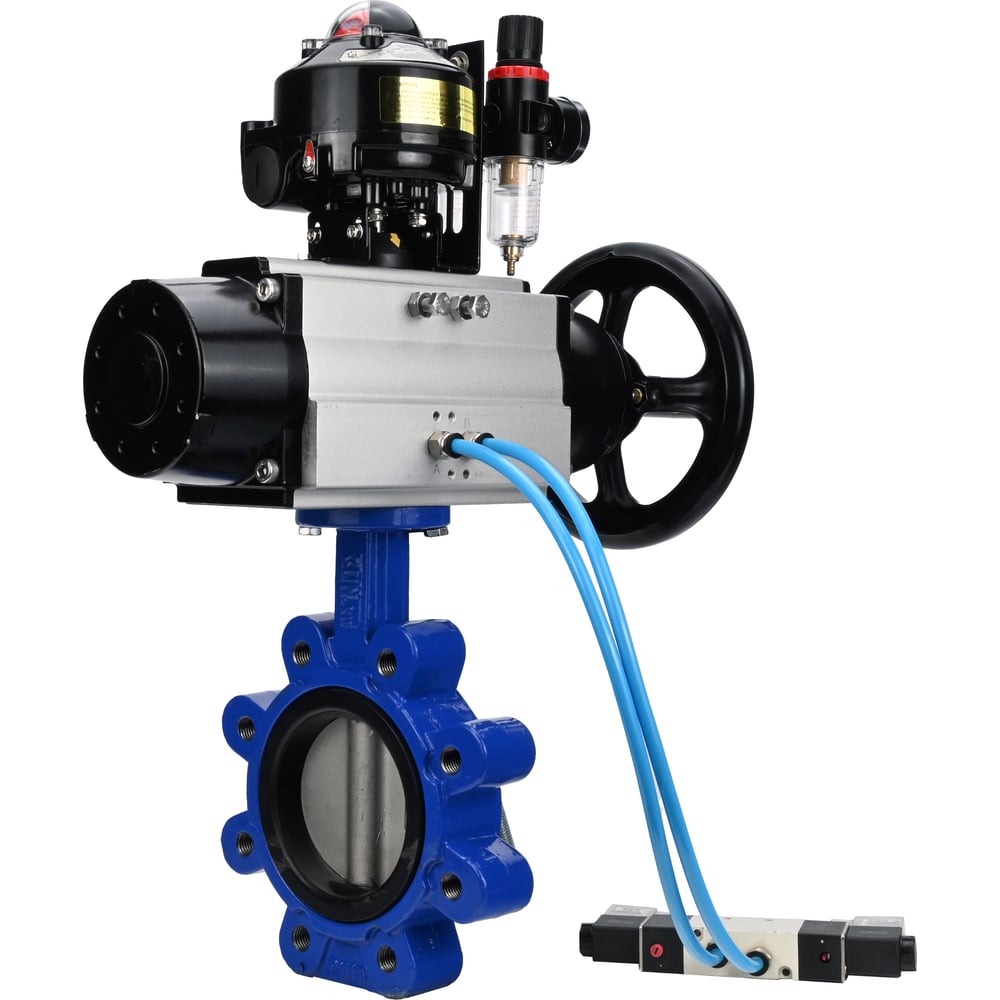 Затвор DN.ru QT450-304-NBR-2W-Fb-H Ду150 Ру16 LUG, с пневмоприводом DA-105-1, пневмораспределитель PND1-T10-220VAC NAMUR, БКВ LSB-510, БПВ D050-102229