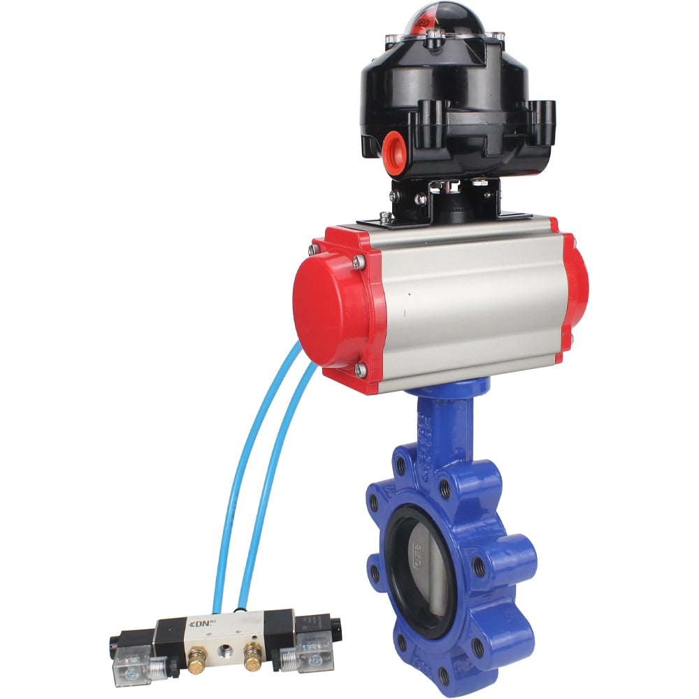 Затвор DN.ru QT450-304-NBR-2W-Fb-H Ду150 Ру16 LUG, с пневмоприводом SA-160, пневмораспределитель PND1-T08-220VAC NAMUR, БКВ LSB-510 D050-102478
