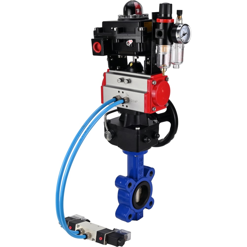 Затвор DN.ru QT450-QT450-EPDM-2W-Fb-H Ду125 Ру16 LUG, с пневмоприводом DA-105, пневмораспределитель PND1-T10-220VAC NAMUR, РД HDM-3, БКВ LSB-410, БПВ D050-101382