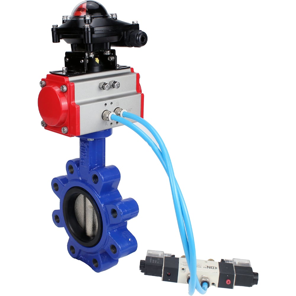 Затвор DN.ru QT450-QT450-EPDM-2W-Fb-H Ду125 Ру16 LUG, с пневмоприводом SA-140, пневмораспределитель PND1-T08-220VAC NAMUR, БКВ LSB-210 D050-101439