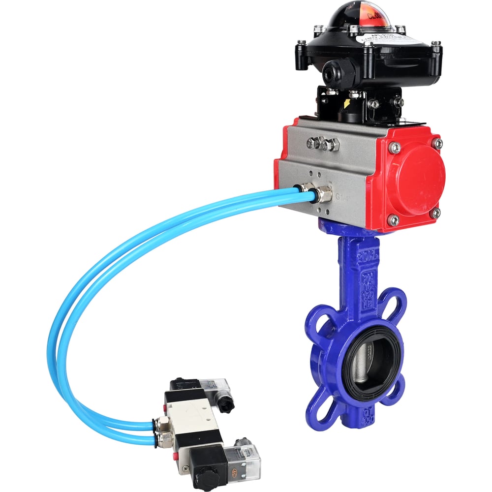 Затвор DN.ru QT450-316-EPDM-2W-Fb-H Ду150 Ру16, с пневмоприводом DA-105, пневмораспределитель PND1-T10-220VAC NAMUR, БКВ LSB-210 D050-102764