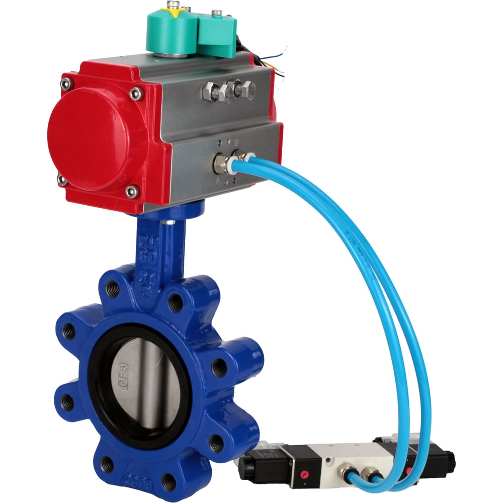Затвор DN.ru QT450-304-NBR-2W-Fb-H Ду100 Ру16 LUG, с пневмоприводом DA-083, пневмораспределитель PND1-T08-220VAC NAMUR, МППП-200 D050-102239