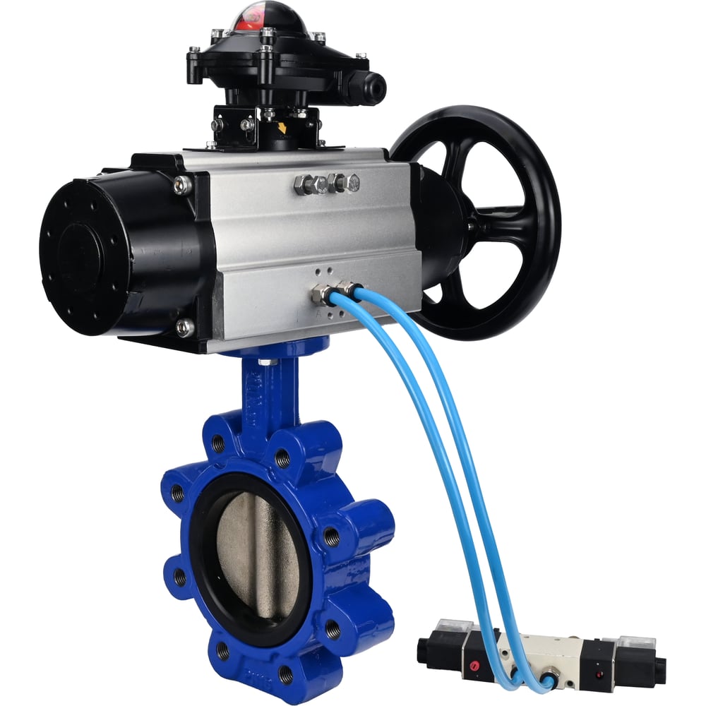 Затвор DN.ru QT450-QT450-EPDM-2W-Fb-H Ду125 Ру16 LUG, с пневмоприводом DA-105-1, пневмораспределитель PND1-T08-220VAC NAMUR, БКВ LSB-210 D050-101188