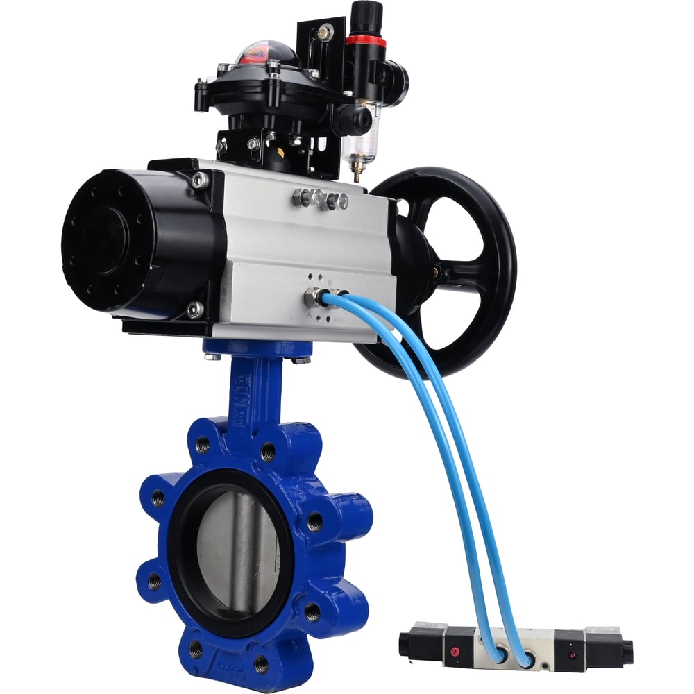 Затвор DN.ru QT450-304-NBR-2W-Fb-H Ду125 Ру16 LUG, с пневмоприводом DA-105-1, пневмораспределитель PND1-T10-220VAC NAMUR, БКВ LSB-210, БПВ D050-102220