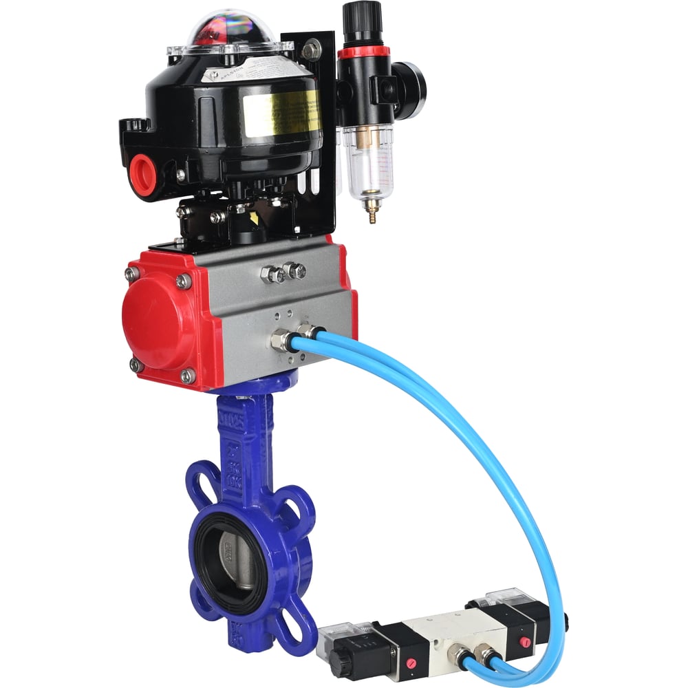 Затвор DN.ru QT450-316-EPDM-2W-Fb-H Ду125 Ру16, с пневмоприводом DA-083, пневмораспределитель PND1-T10-220VAC NAMUR, БКВ LSB-510, БПВ D050-102747
