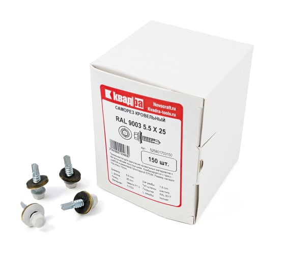 Изображение товара Кровельный саморез КВАДРА 5.5x25, RAL 9003 белый, сверло PT. 3, кор. 150 шт. 525900303150