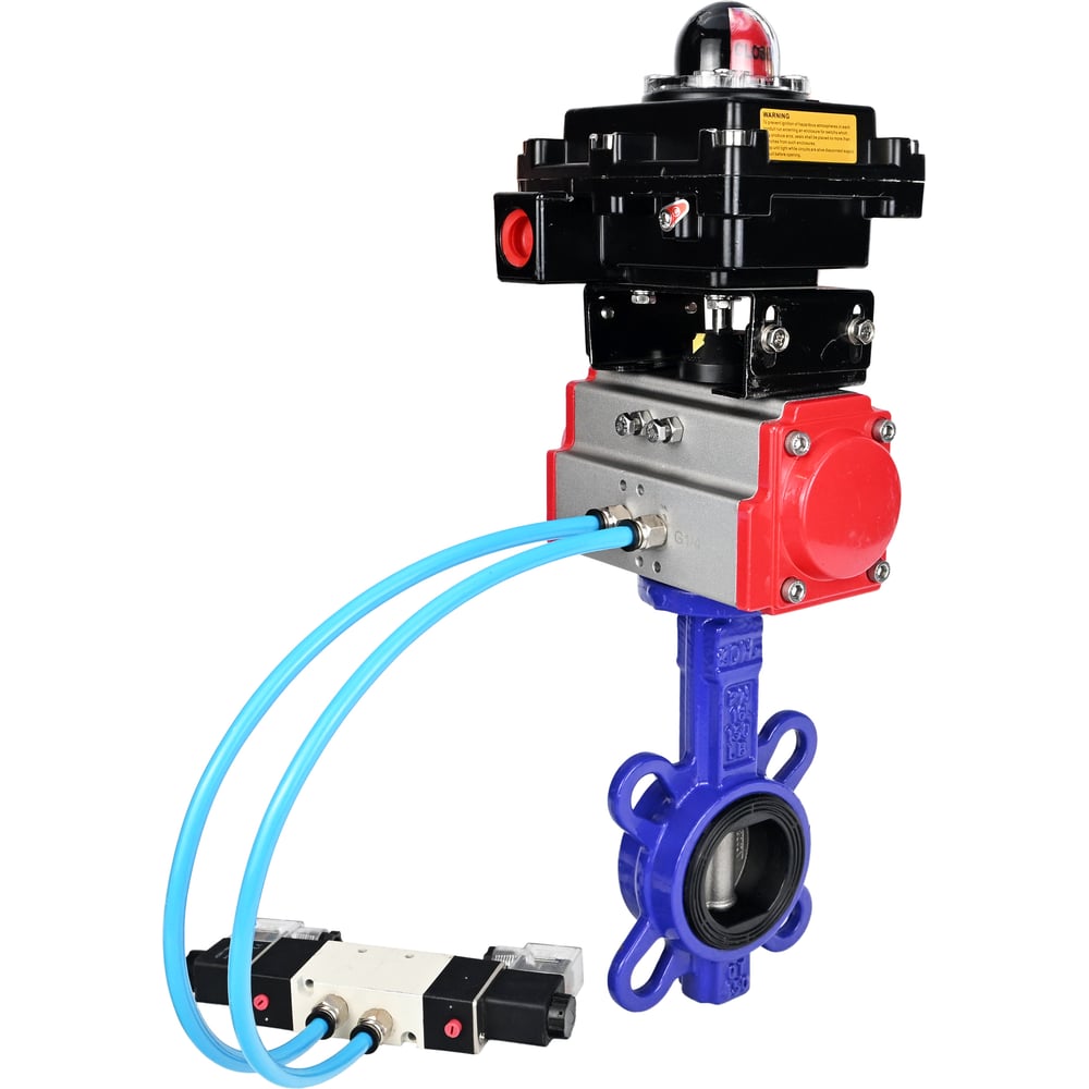 Затвор DN.ru QT450-316-EPDM-2W-Fb-H Ду150 Ру16, с пневмоприводом DA-105, пневмораспределитель PND1-T10-220VAC NAMUR, БКВ LSB-410 D050-102772