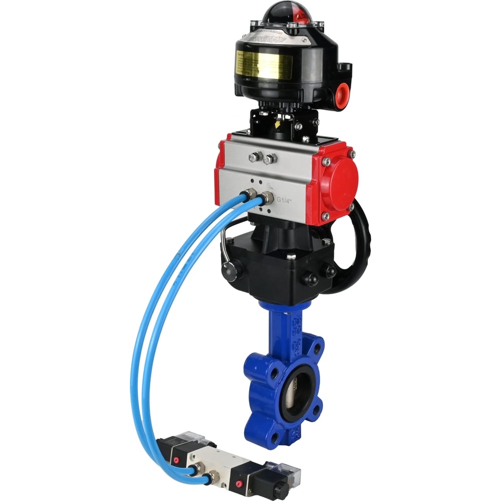Затвор DN.ru QT450-QT450-EPDM-2W-Fb-H Ду100 Ру16 LUG, с пневмоприводом DA-083, пневмораспределитель PND1-T10-220VAC NAMUR, РД HDM-2, БКВ LSB-510 D050-101399